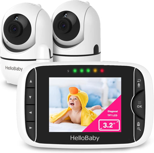 Hellobaby Video Baby Monitor with 2 Cameras and Audio. Baby Monitor with Remote Pan/Tilt/Zoom, VOX Mode, Night Vision, 2-Way Talk, 8 Lullabies