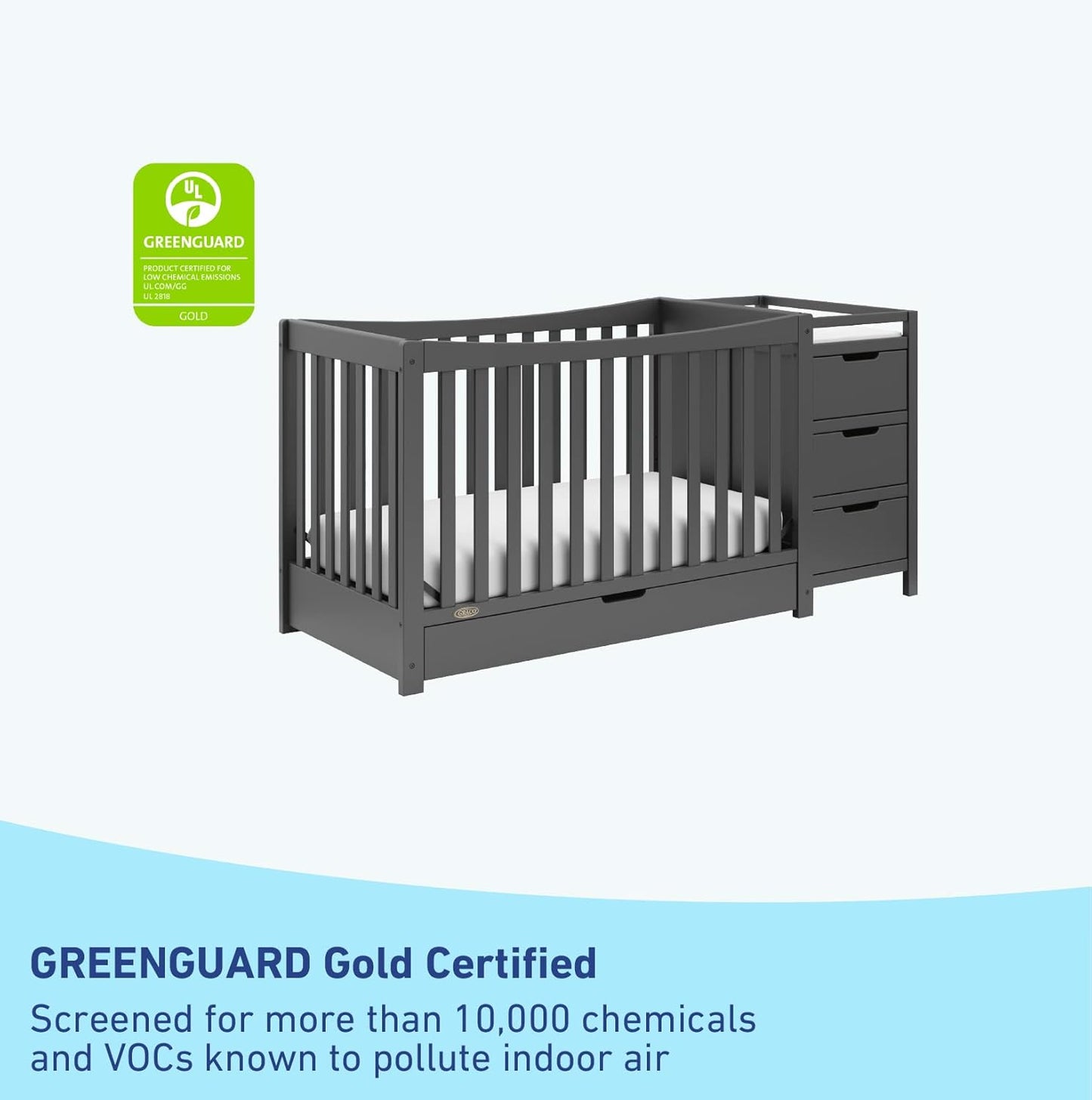 Graco Remi 4-In-1 Convertible Crib & Changer with Drawer (Gray) – GREENGUARD Gold Certified, Crib and Changing -Table Combo, Includes Changing Pad, Converts to Toddler Bed, Daybed and Full-Size Bed