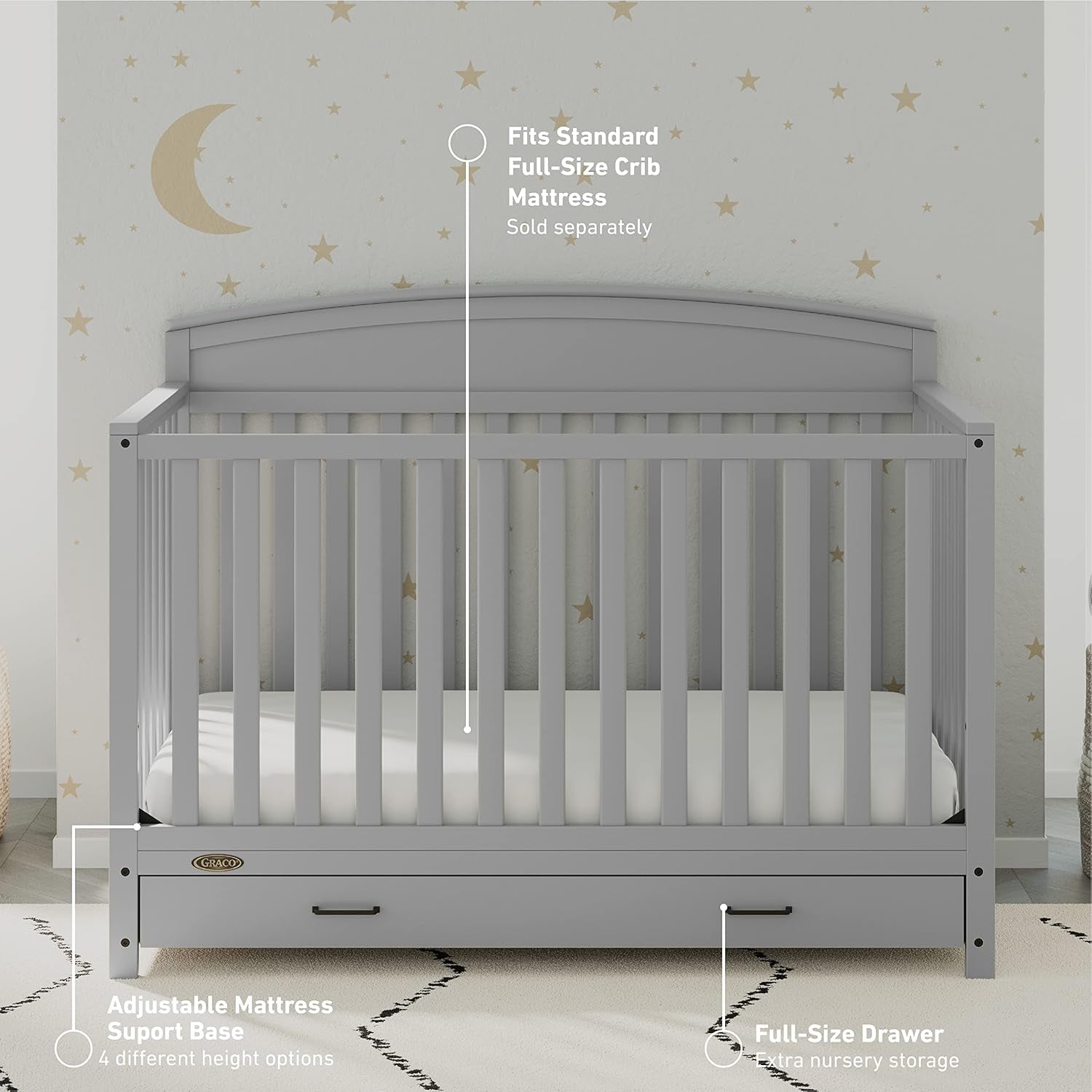 Graco Benton 5-In-1 Convertible Crib with Drawer (Pebble Gray) -Converts from Baby Crib to Toddler Bed, Daybed and Full-Size Bed,Fits Standard Full-Size Crib Mattress, Adjustable Mattress Support Base