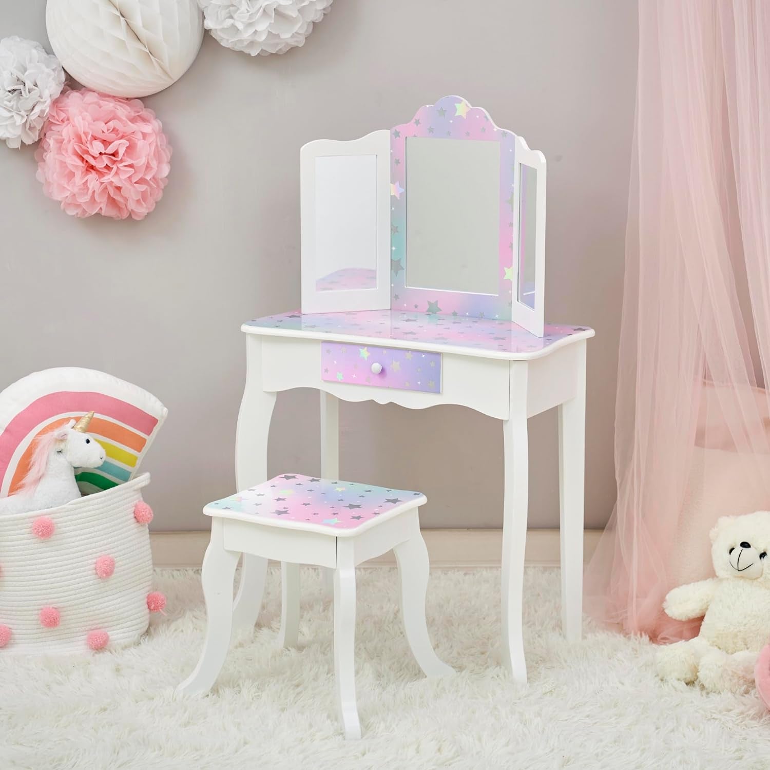 Teamson Kids Princess Gisele Starry Sky Print 2-Piece Kids Wooden Play Vanity Set with Vanity Table, Tri-Fold Mirror, Storage Drawer, and Matching Stool, White with Iridescent and Stars Accent