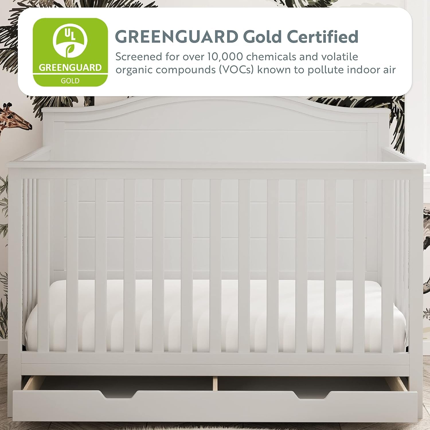 Storkcraft Moss 5-In-1 Convertible Crib with Drawer (White) – GREENGUARD Gold Certified, Crib with Drawer Combo, Includes Full-Size Nursery Storage Drawer, Converts to Toddler Bed and Full-Size Bed