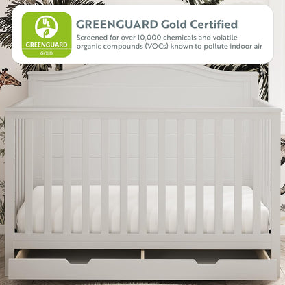 Storkcraft Moss 5-In-1 Convertible Crib with Drawer (White) – GREENGUARD Gold Certified, Crib with Drawer Combo, Includes Full-Size Nursery Storage Drawer, Converts to Toddler Bed and Full-Size Bed