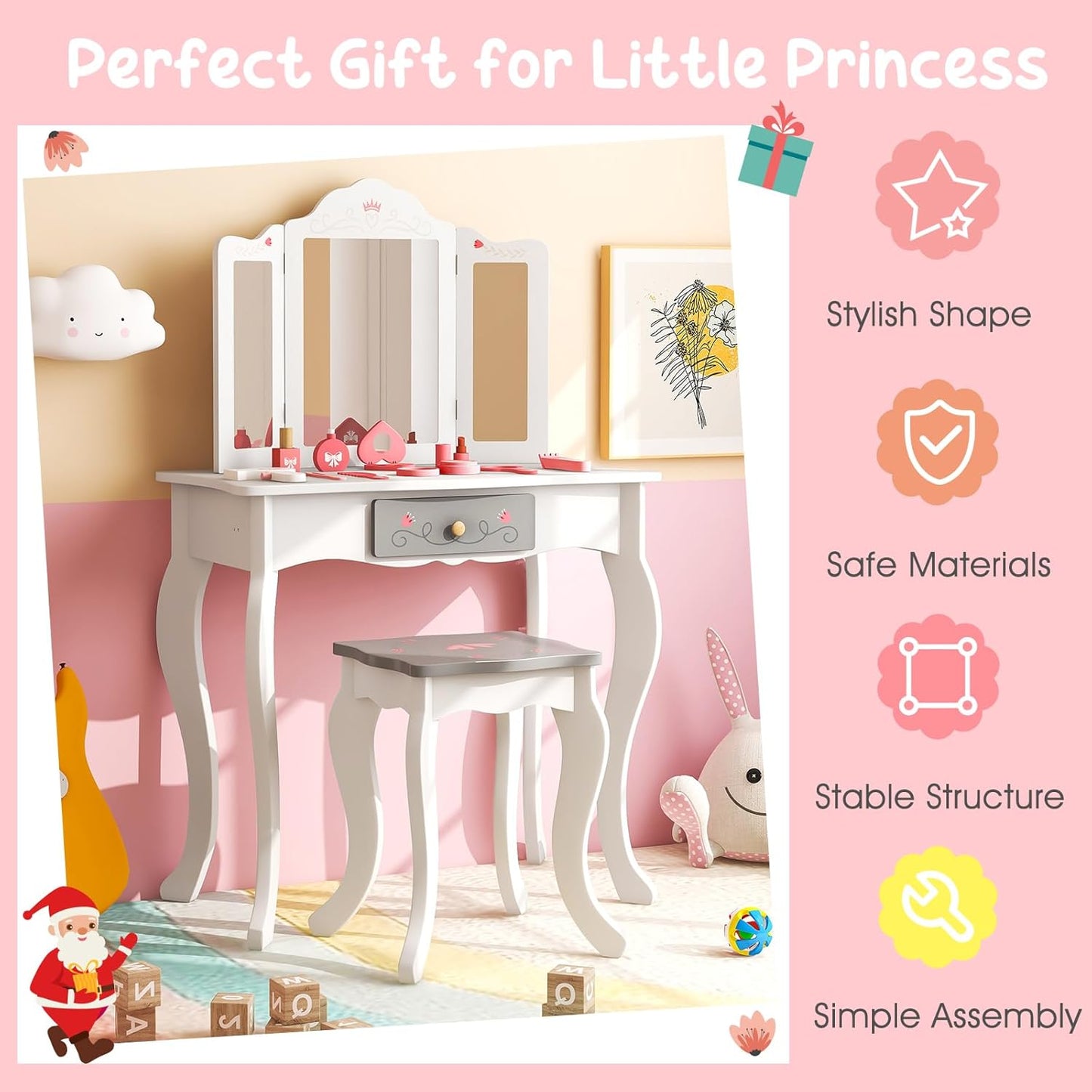 Costzon Kids Vanity Set, 2 in 1 Princess Makeup Dressing Table & Chair Set W/Detachable Tri-Fold Mirror, Toddler Vanity with Drawer & Accessories, Pretend Play Vanity Set for Little Girls (White)