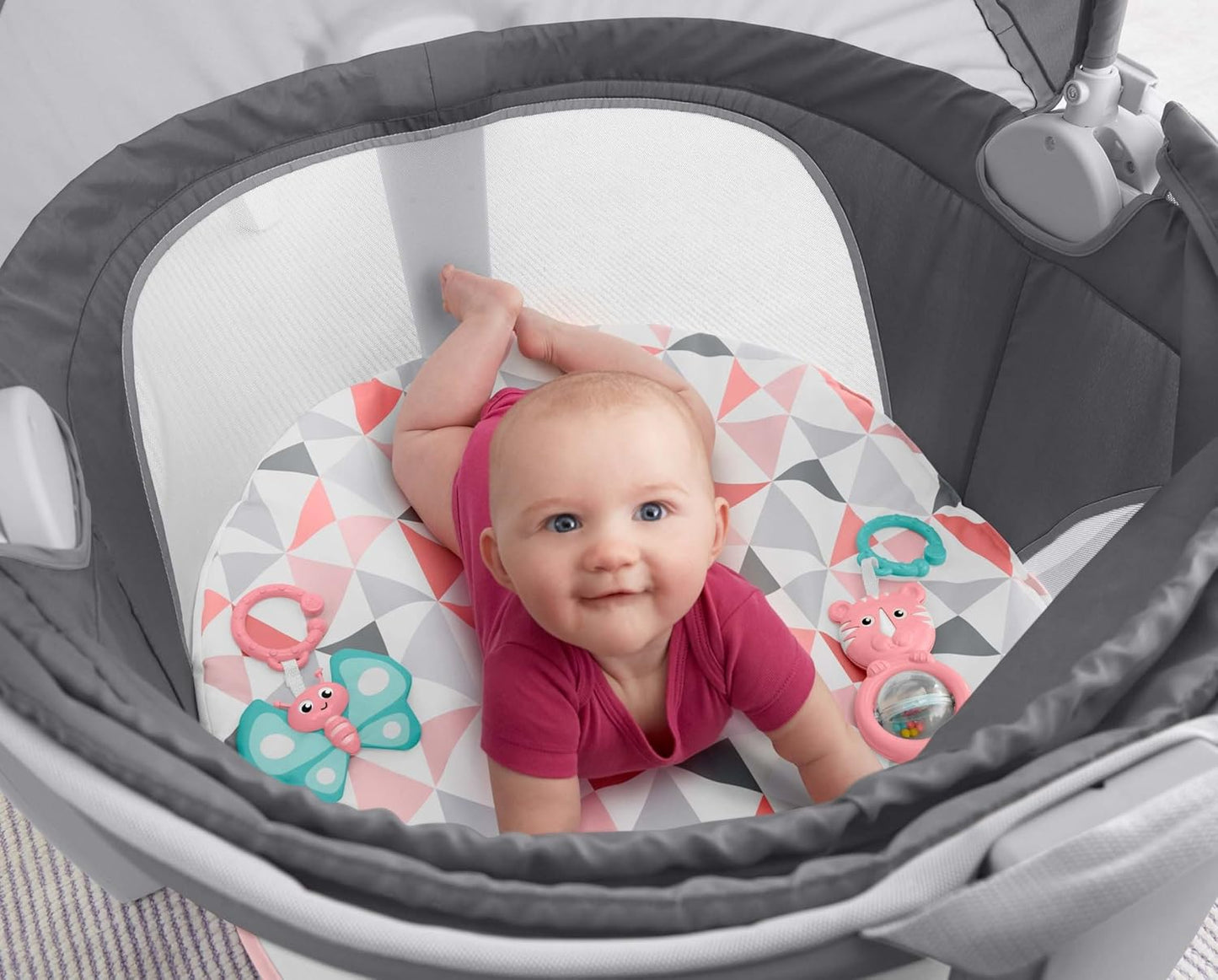 Fisher-Price Portable Bassinet On-The-Go Baby Dome, Travel Play Space with Developmental Newborn Toys & Canopy, Rosy Windmill