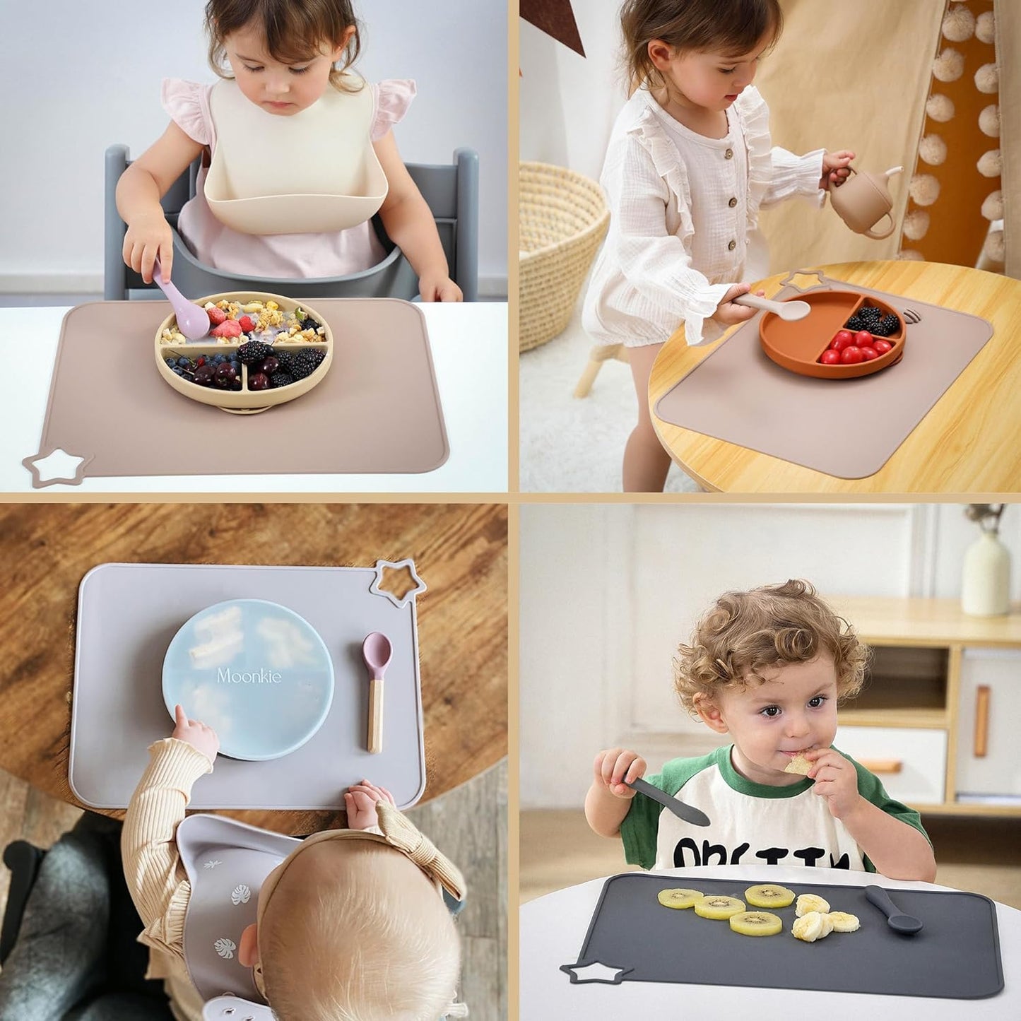 Moonkie Silicone Placemats for Baby & Kid, Stain Resistant Non-Slip Toddler Food Mats Eating Table Mat with 2 Packs(Teal/Mustard)