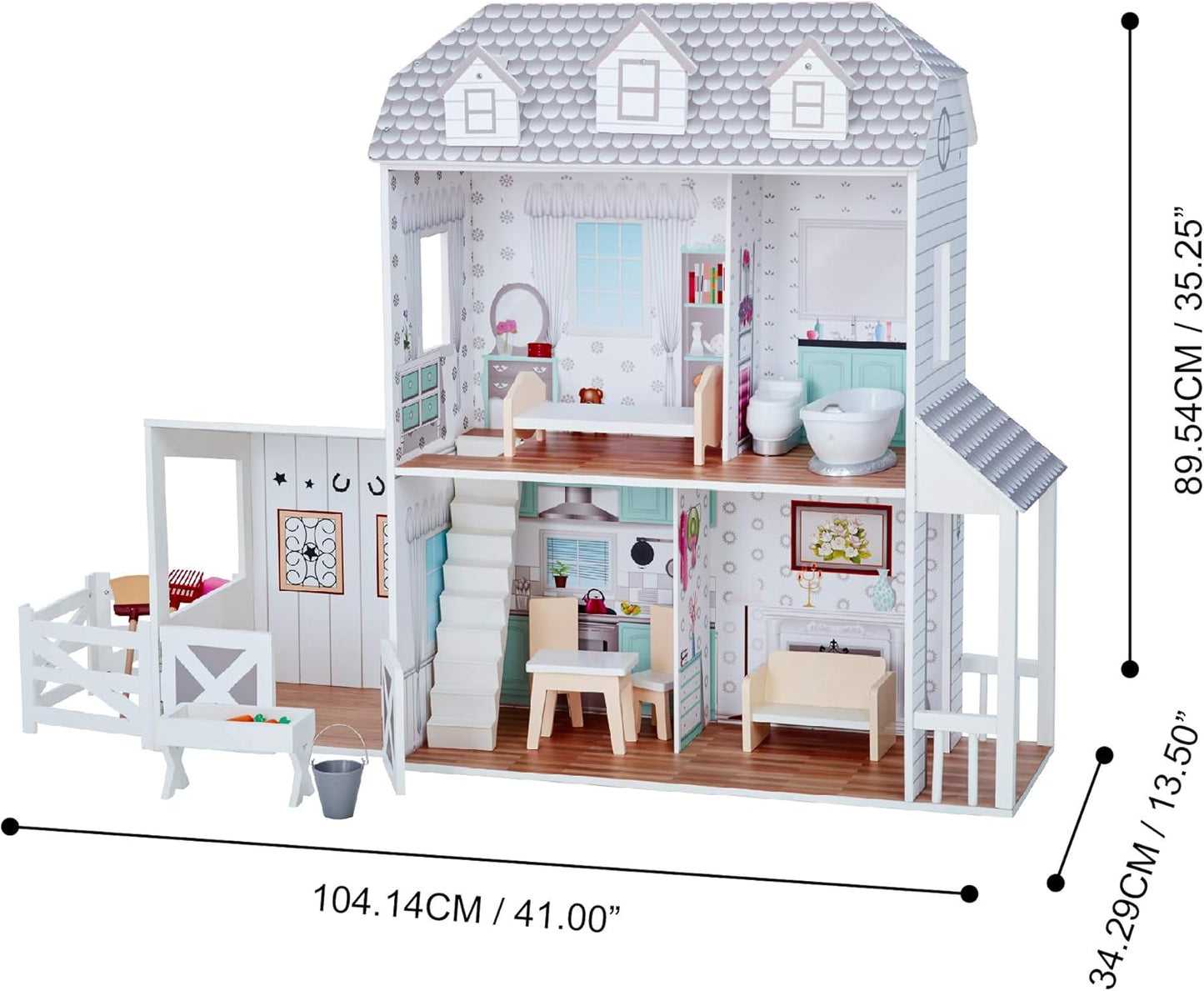 Teamson Kids - Dreamland Farm House Wooden Pretend Play Doll House Dollhouse for 12" Doll with 14 Pieces of Furniture - White / Gray