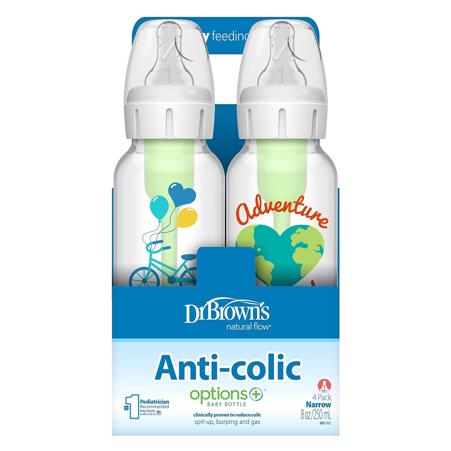 Dr. Brown'S Natural Flow Anti-Colic Options+ Narrow Baby Bottle, Dream Adventure, 8 Oz/250 Ml, with Level 1 Slow Flow Nipple, 0M+, 4 Count (Pack of 1)