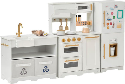 Teamson Kids Little Chef Atlanta Large Modular Wooden Play Kitchen with Interactive, Realistic Features, and 17 Kitchen Accessories, for 3Yrs and Up, Blue/White/Gold