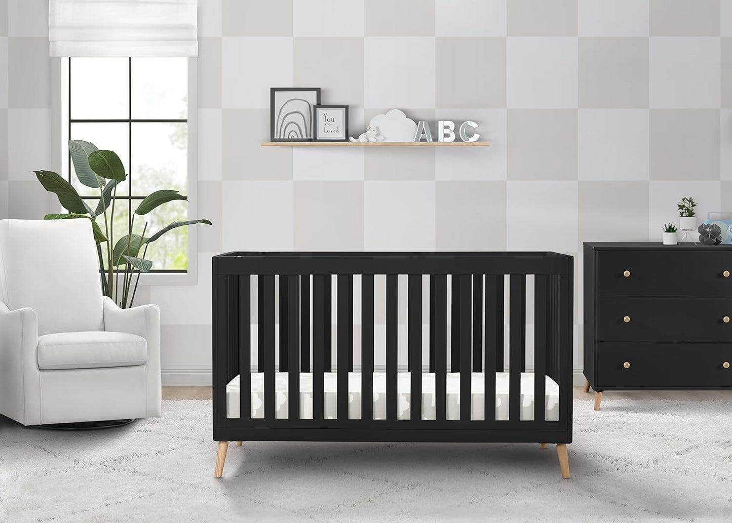 Delta Children Essex 4-In-1 Convertible Baby Crib, Ebony with Natural Legs