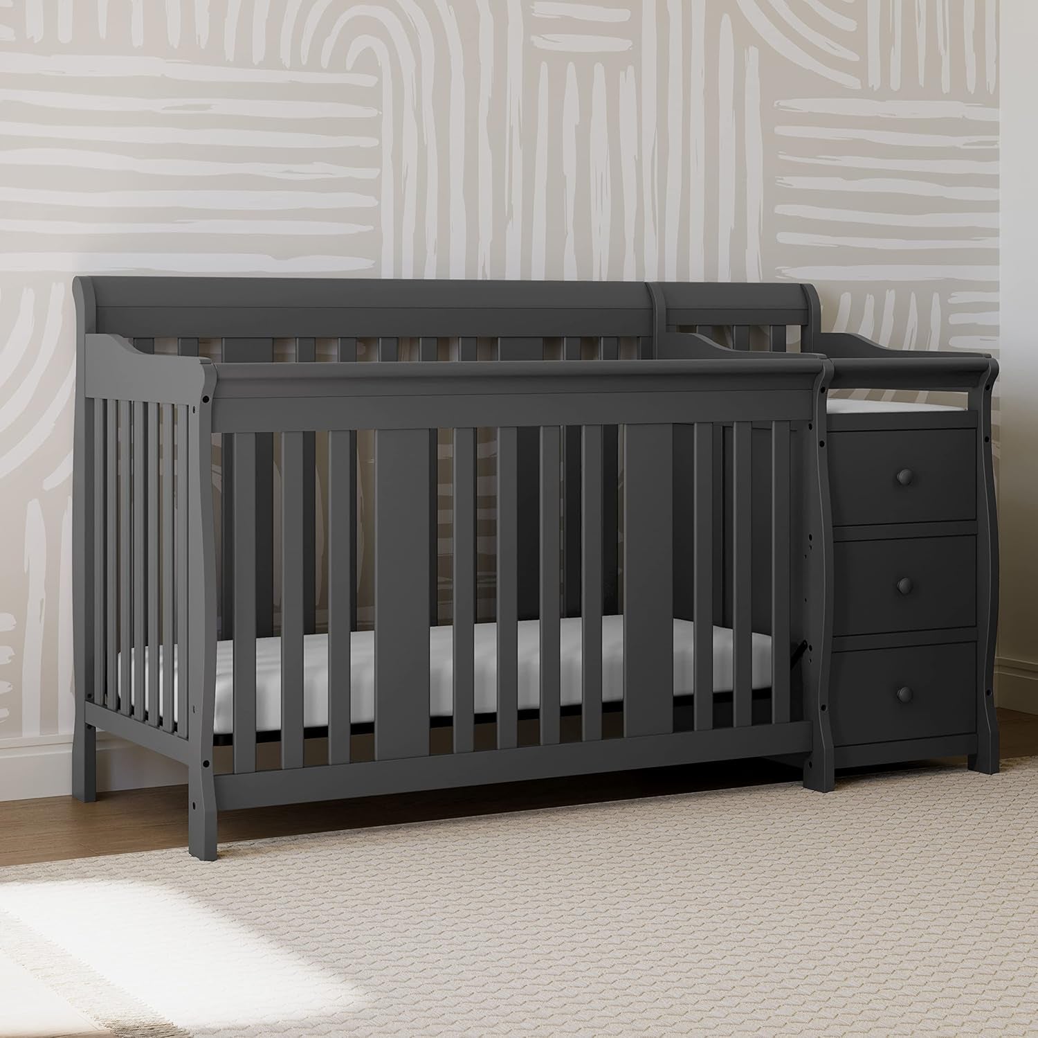 Storkcraft Portofino 5-In-1 Convertible Crib and Changer (Gray) – Crib and Changing Table Combo with Drawer, Converts to Toddler Bed, Daybed and Full-Size Bed, Storage Drawer