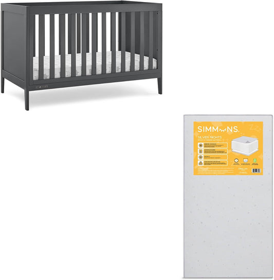 Delta Children Hayes 4-In-1 Convertible Crib, Charcoal Grey + Simmons Kids Silver Nights Dual Sided 2-Stage Baby Crib Mattress (Bundle)