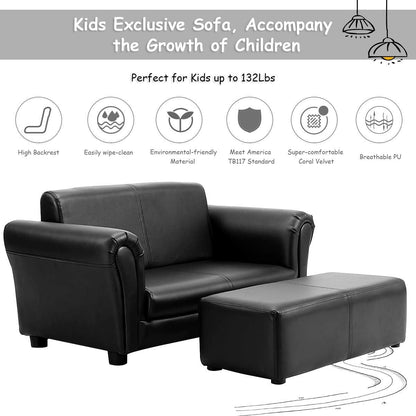 Costzon Kids Couch with Footstool, 2 in 1 Double Seat Children'S Sofa W/Pu Leather Surface, Armrest Chair Lounge for Preschool Bedroom Kids Room Toddlers Boys Girls Birthday (Black)