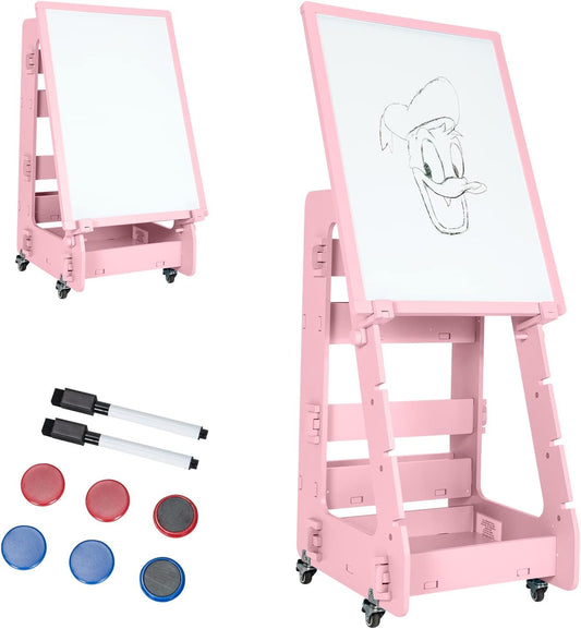 Costzon Kids Art Easel with Lockable Wheels, Height Adjustable Magnetic Removable Painting Board with Storage, Double Sided Easel for Kids Age 3+ (Pink)