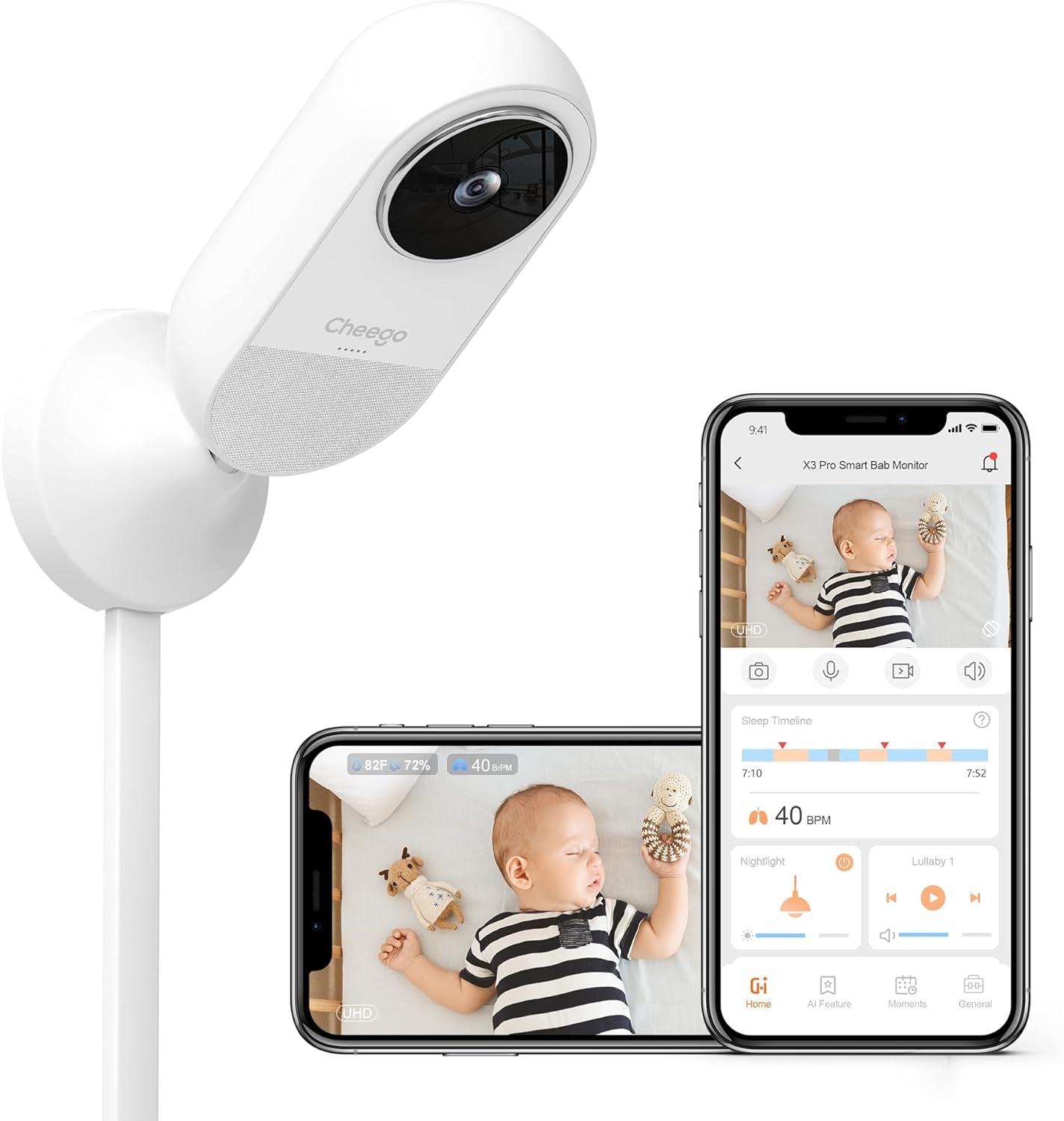 Cheego X3 Pro Smart Baby Monitor with Real-Time Contactless Breathing& Sleep Tracking, Cry& Face Cover Detection, Wall Mount& 2K Wi-Fi HD Video Camera and 2-Way Talk, Nightlight and Night Vision