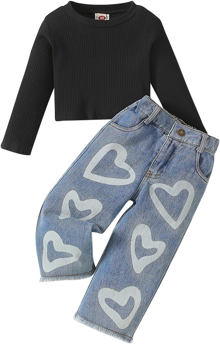 Toddler Girls Clothes 2T 3T 4T 5T Ribbed Baby Kids Girl Denim Outfits Long Sleeve Tops Love Hearts Jeans Pants