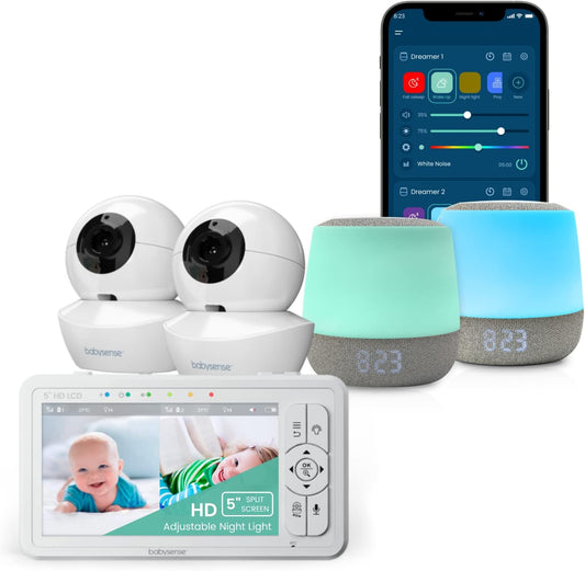 Babysense 3 in 1 - Multiple-Children Video Baby Monitor with 2 HD Cameras & 5" HD Display Bundled with 2 Smart Baby White Noise Sound and Light Machines