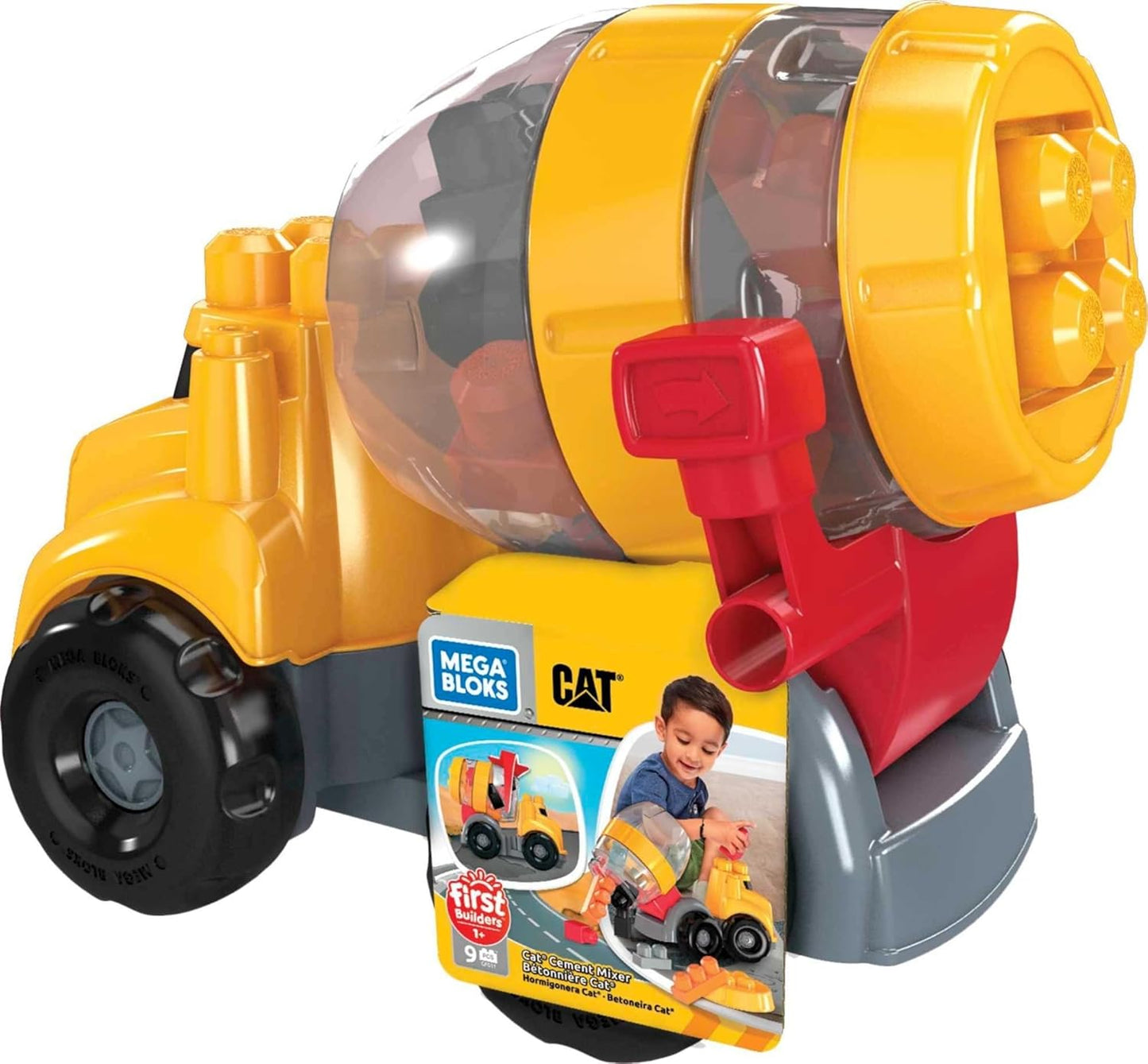 Mega BLOKS Cat Toddler Blocks Building Toy Set, Cement Mixer Truck with 9 Pieces and Storage, Yellow, Ages 1+ Years