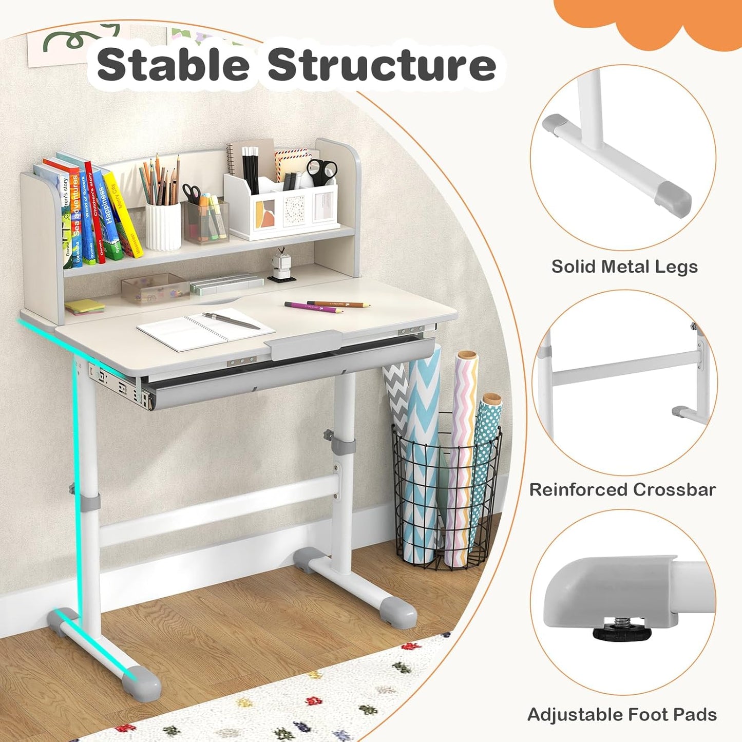 Costzon Kids Desk, Height Adjustable Children Study Desk with Tilt Desktop, Storage Drawer, Hutch, Scale Ruler, Student Writing Table School Desk for Boys Girls Bedroom, Desk for Kids (Grey)