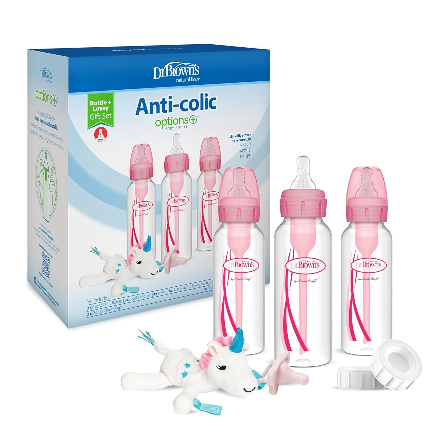 Dr. Brown'S Natural Flow Anti-Colic Options+Narrow 8Oz/250Ml Baby Bottle + Lovey Gift Set with Level 1 Slow Flow Nipples, Pink