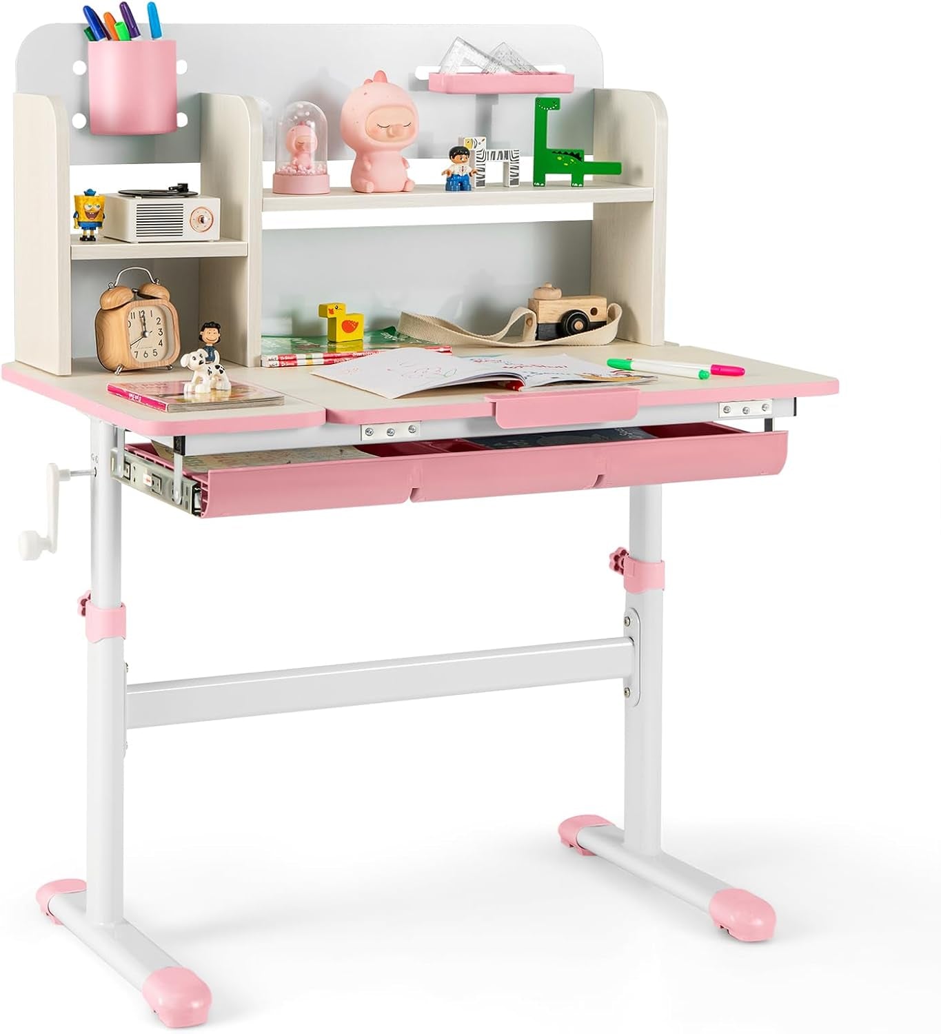 Costzon Kids Study Desk, Height Adjustable Children School Desk with Storage, Tilt Desktop, Pen Holder & Scale Ruler, Student Computer Desk Writing Table for Home School Use, Desk for Kids (Pink)