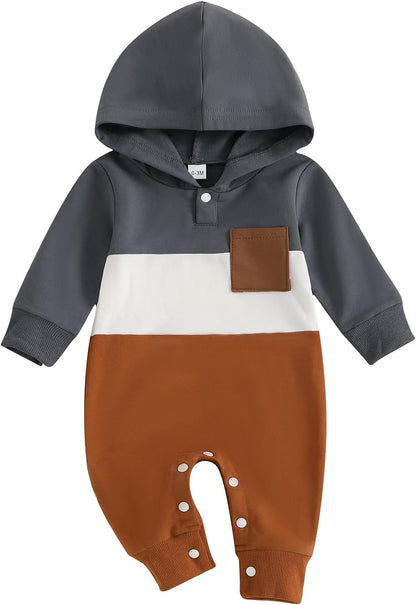 Bemeyourbbs Newborn Baby Boy Clothes Color Block Long Sleeve Hooded Romper with Pocket Fall Winter One Piece Outfits