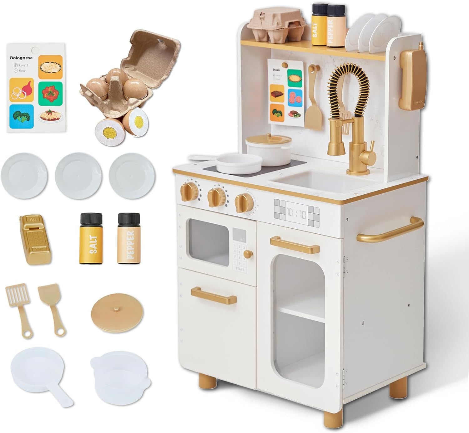 Teamson Kids Little Chef Memphis Wooden Play Kitchen with Interactive, Realistic Features, and 16 Kitchen Accessories for 3Yrs and Up, Light Oak/Faux White Marble/Gold