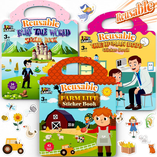 Iplay, Ilearn 3PCS Sticker Books, Kids Reusable Stickers Busy Book Set, Toddler Activity Travel Toys, Farm Fairy Body Puffysticker, Birthday Party Gifts for 3 4 5 6 7 8 Year Old Boys Girls Preschooler