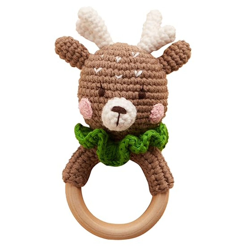 Chippi & Co Crochet Baby Rattle, Crochet Baby Toys, Stuffed Baby Doll, Organic Wooden Newborn Toys, Knitted Stuffed Animals for Babies Boy, Girl, Christmas Gifts for New Parents (Baby Reindeer)