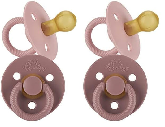 Itzy Ritzy Natural Rubber Pacifiers, Set of 2 – Natural Rubber Newborn Pacifiers with Cherry-Shaped Nipple & Large Air Holes for Added Safety; Set of 2 in Blossom & Rosewood, Ages 0 – 6 Months