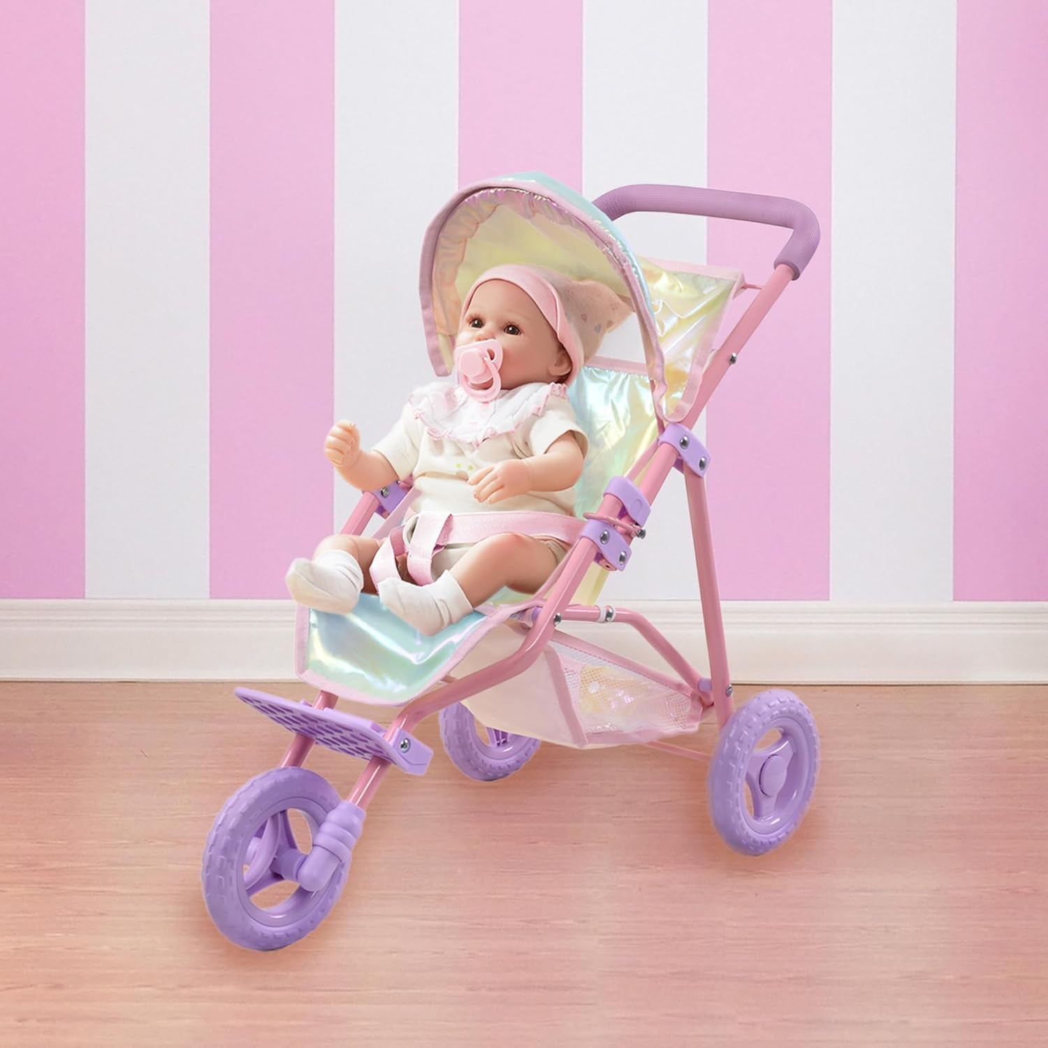 Teamson Kids - Magical Dreamland Baby Doll Jogging Stroller - My Little Girls First Dolls Pram Toy Gift, Iridescent Color