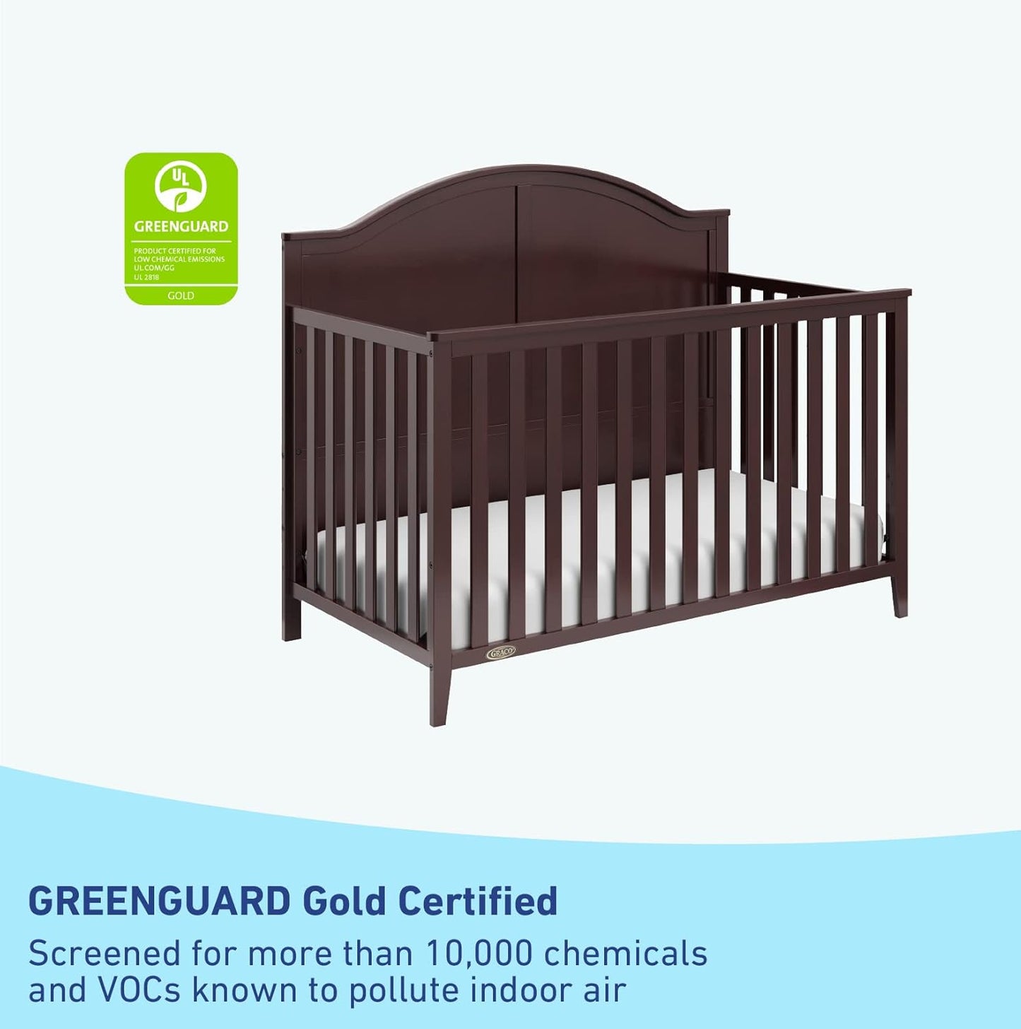 Graco Wilfred 5-In-1 Convertible Crib (Espresso) – GREENGUARD Gold Certified, Converts to Toddler Bed and Full-Size Bed, Fits Standard Full-Size Crib Mattress, Adjustable Mattress Support Base