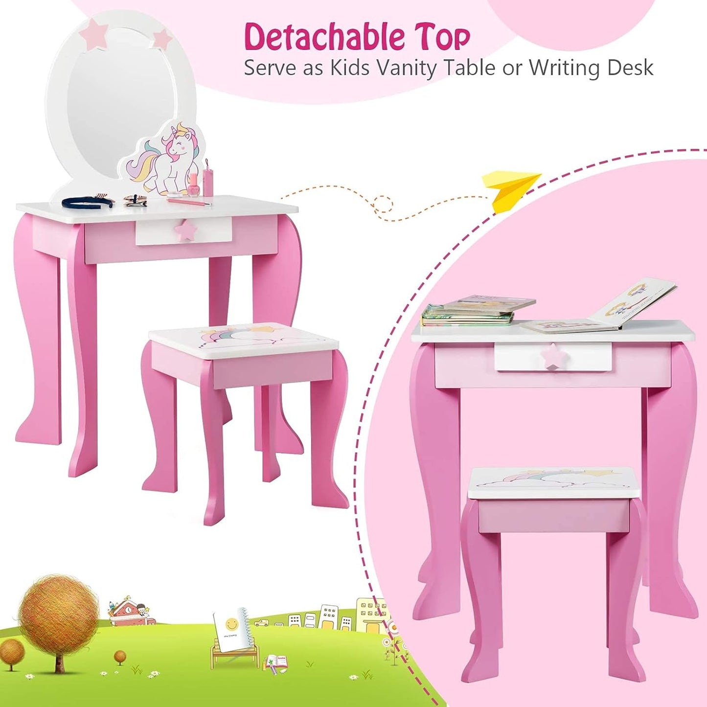 Costzon Kids Vanity Set with Mirror, 2 in 1 Wooden Princess Makeup Dressing Table with Detachable Top, Toddler Girls Vanity with Drawer & Stool, Pretend Play Vanity Set for Little Girls, Pink