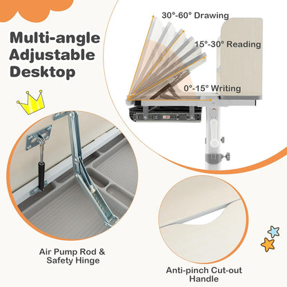 Costzon Kids Desk, Height Adjustable Children Study Desk with Tilt Desktop, Storage Drawer, Hutch, Scale Ruler, Student Writing Table School Desk for Boys Girls Bedroom, Desk for Kids (Grey)