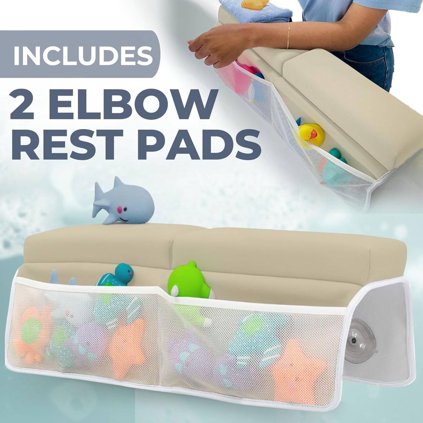 Baby Bath Kneeler and Elbow Rest Pad Set - Baby Bath Support for Knees and Elbows - Bath Kneeler Pad with Memory Foam and Bath Toys Organizer - Ideal Bath Kneeling Pad for Bathing Baby - Beige