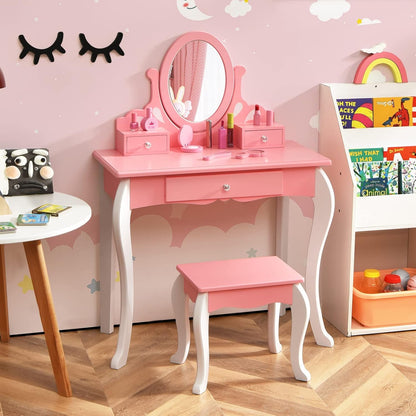 Costzon Kids Vanity Set with Mirror, 2 in 1 Princess Makeup Dressing Table W/Detachable Top, Toddler Vanity with 360° Rotating Mirror, Drawers & Stool, Pretend Play Vanity Set for Little Girls, Pink