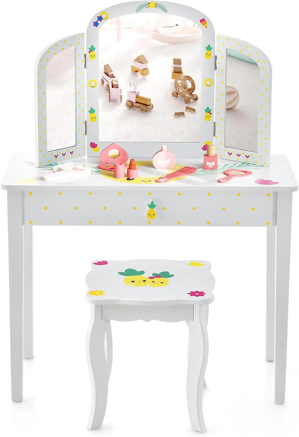 Costzon Kids Vanity Table, Princess Makeup Dressing Table with Drawer & Tri-Folding Mirror, 2-In-1 Vanity Set with Detachable Top, Pretend Beauty Play Vanity Set for Girls (Fruit Pattern)