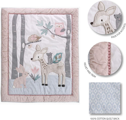 Levtex Baby - Everly Crib Bed Set - Baby Nursery Set - Aqua Blush Grey Teal - Woodland Deer and Friends - 5 Piece Set Includes Quilt, Fitted Sheet, Diaper Stacker, Wall Decal & Bed Skirt/Dust Ruffle