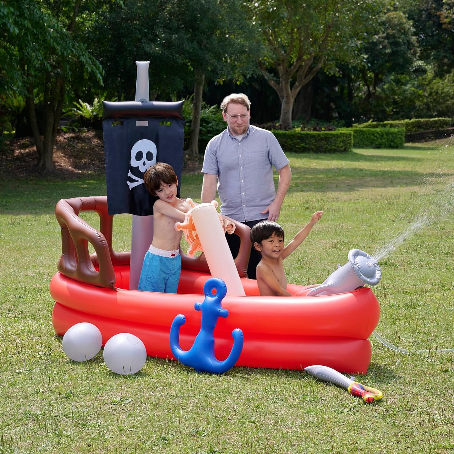 Teamson Kids Water Pool Pirate Ship Inflatable Kids Sprinkler with Air Pump, Beach Balls, & Accessories, Inflatable Outdoor Play Sprinkler System, Red