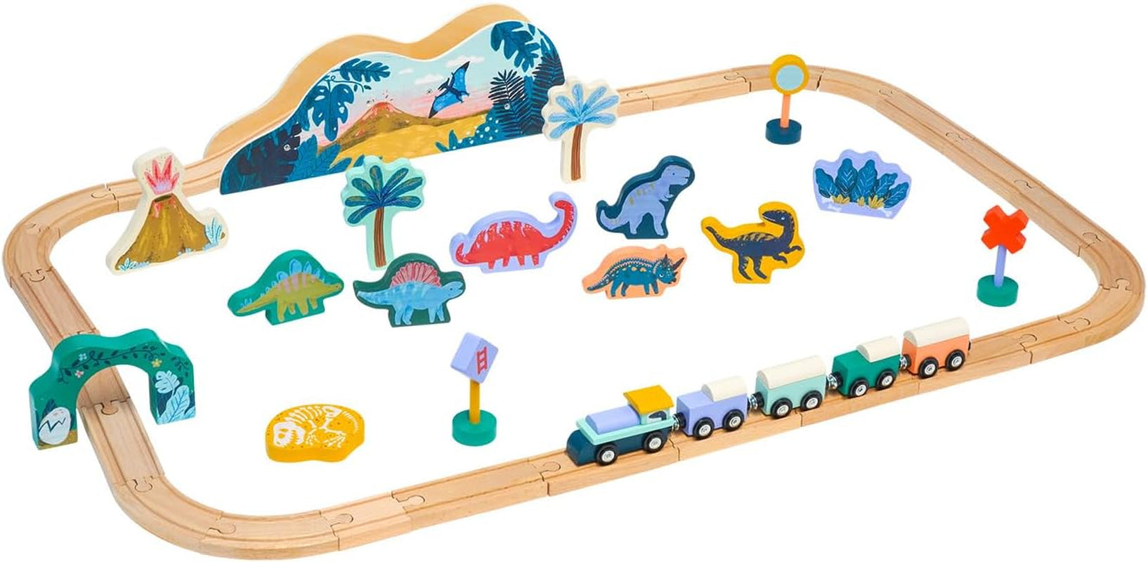 Manhattan Toy T-Rex Express 45-Piece Jurassic-Themed Wooden Toy Train Set for Toddlers 3 Years and Up