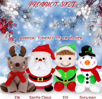 Elcoho 4 Pieces 7 Inch Christmas Stuffed Animals Set Plush Toys Christmas Decoration Doll Set Santa Claus Snowman Elk Elf Xmas Party Favors