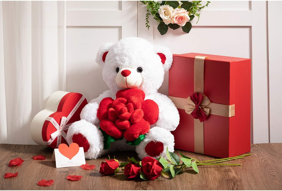 BEJOY Teddy Bear Stuffed Animals Plush Bear Holding Rose Soft Plush Toy Valentine'S Day, 16 Inch, White