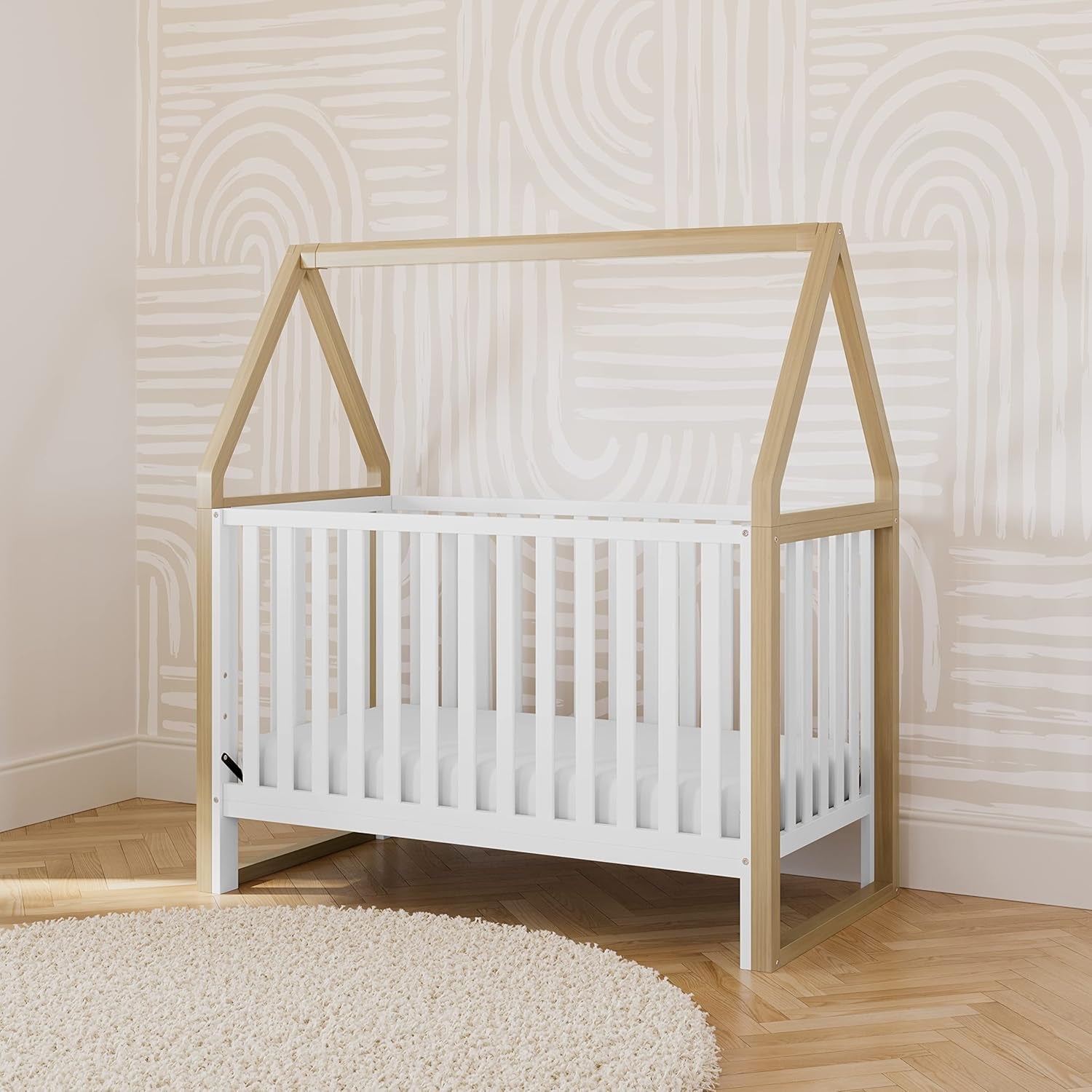 Storkcraft Orchard 5-In-1 Convertible Crib (White with Driftwood) – GREENGUARD Gold Certified, Canopy Style Baby Crib, Converts from Crib to Toddler Bed, Daybed and Full-Size Bed