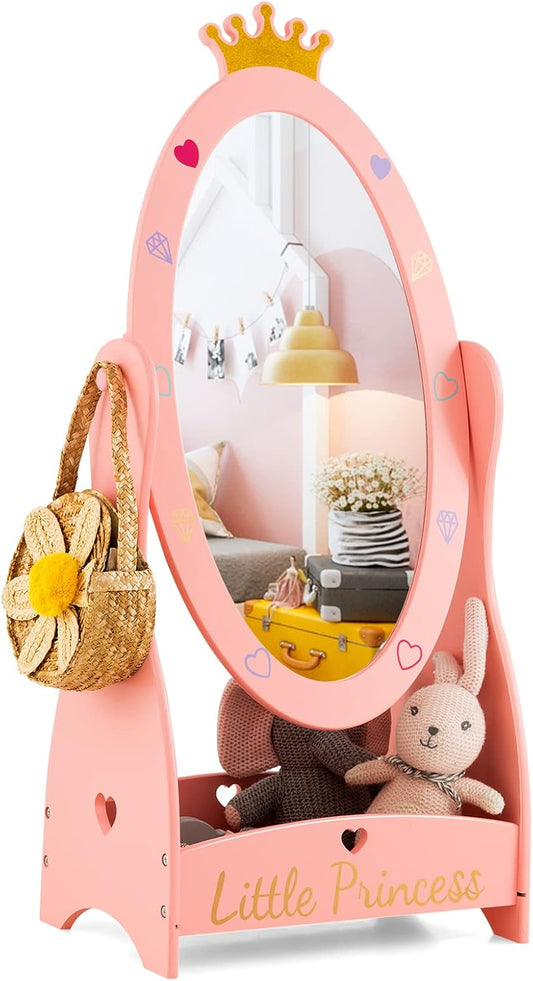 Costzon Kids Full Length Mirror, Princess Floor Free Standing Mirror W/Storage Shelf, 360 Degree Rotatable Oval Dressing Mirror W/Cute Crown Pattern for Little Girls Bedroom, Playroom, Pink