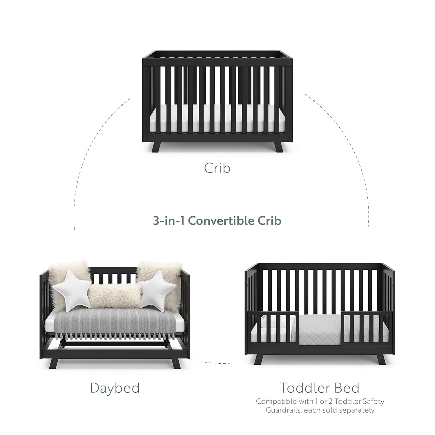 Storkcraft Beckett Convertible Crib (Black) – Converts from Baby Crib to Toddler Bed and Daybed, Fits Standard Full-Size Crib Mattress, Adjustable Mattress Support Base