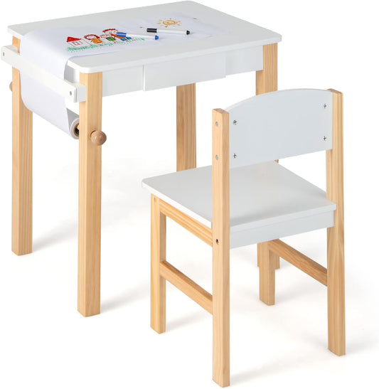 Costzon Kids Table and Chair Set, Kids Art Table with Paper Roll, Drawer, 2 Marker Pens, Wooden Activity Table, Toddler Table and Chair Set for Playroom, Nursery, Gift for Boys Girls