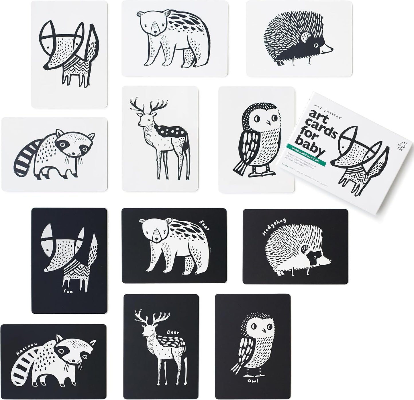 Wee Gallery Black and White Animal Art Cards for Babies, Durable High Contrast Vision Cards, Brain Development Educational Learning Tool for Newborn, Infant, Baby, Toddler - Woodland Animals