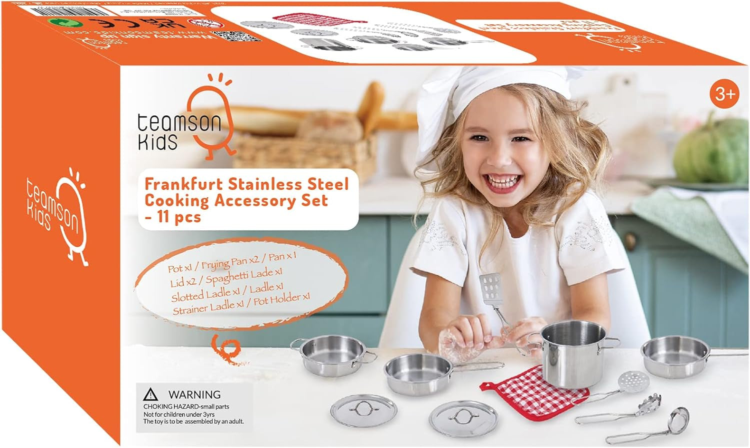 Teamson Kids - Little Chef Frankfurt Kitchen Pretend Play Stainless Steel Cooking Utensils Accessories Set Toys with Cookware Pots and Pans for Kids Boys Toddler and Girls - 11 Pcs