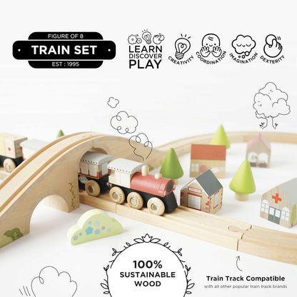 Le Toy Van Wooden Train Set with Figure of 8 Train Track, Plastic Free Set with Universal Compatible Train Track, Suitable for 36+ Months, Girls and Boys, TV702