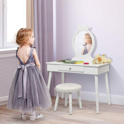 Costzon Kids Vanity Set, Wooden Princess Makeup Table with Cushioned Stool, Large Drawer, Solid Wooden Legs and Crown Mirror, Pretend Beauty Make up Dressing Play Set for Girls Best Gift (White)