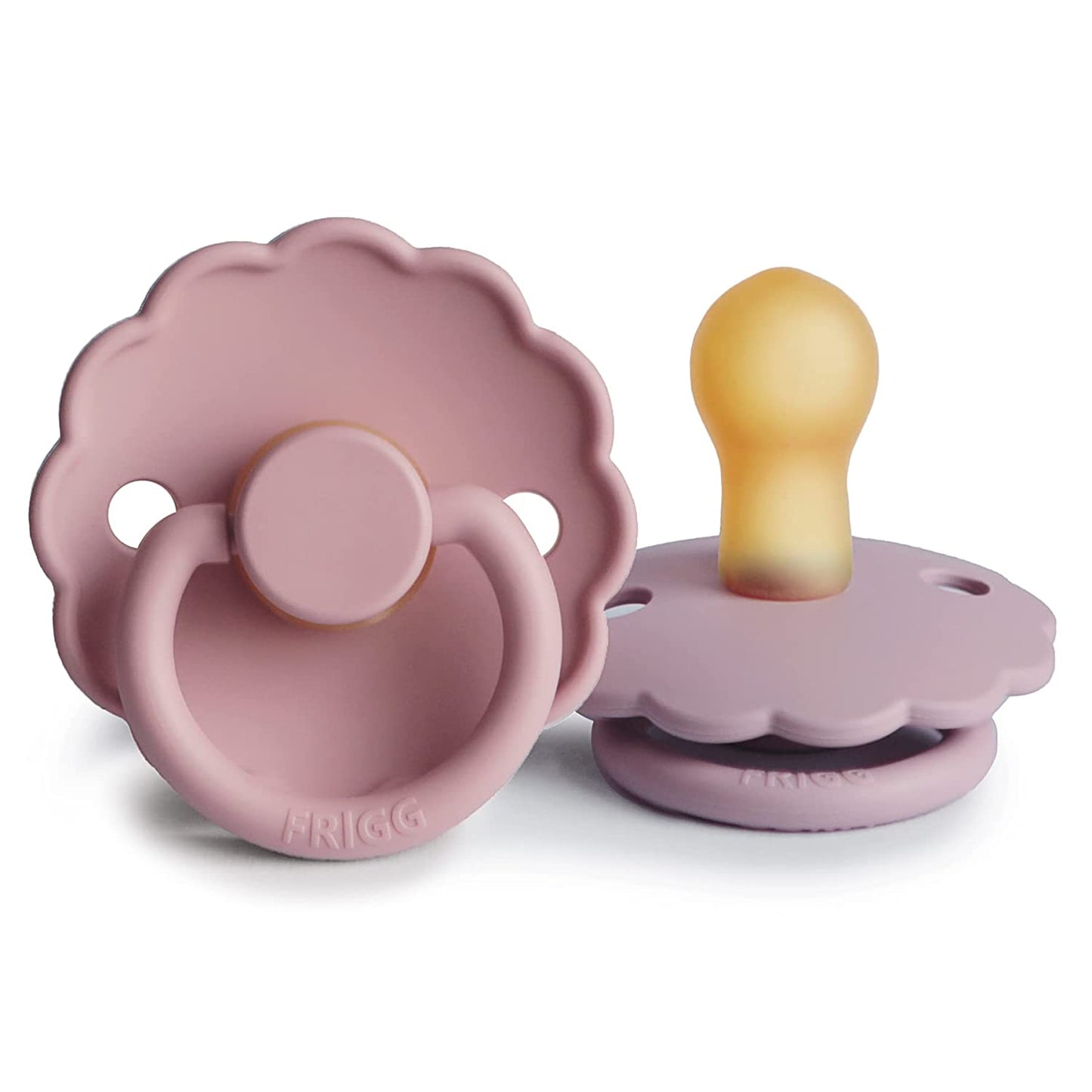 FRIGG Daisy Natural Rubber Baby Pacifier | Made in Denmark | Bpa-Free (Baby Pink/Soft Lilac, 0-6 Months) 2-Pack